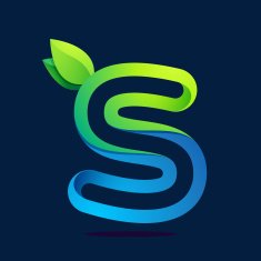 S letter with green leaves and water waves