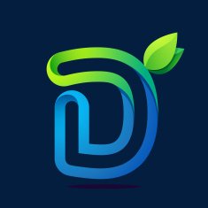 D letter with green leaves and water waves