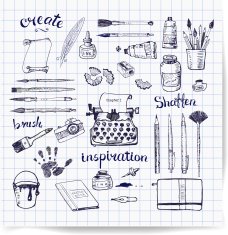 Sketches of artist's and writer's tools hand drawn with ink