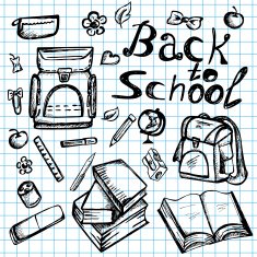 Hand drawn school elements on lined sketchbook
