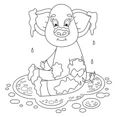Cute pig in a puddle sits on dirt puddle coloring N2