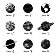 Set of monochrome planet icons with names and astronomical symbols
