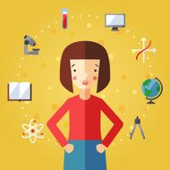 Education and science vector background with brunette girl Flat design