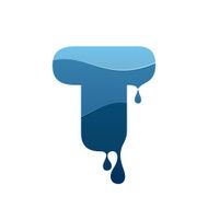 T letter logo with blue water and drops