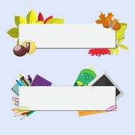 set of two banners with seasonal background school supplies and