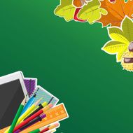 Autumn background with wreath from leaves seeds nuts and school