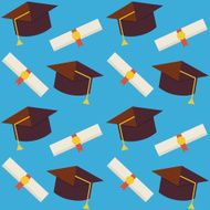Flat Vector Seamless Pattern Graduate from School Hat and Diplom