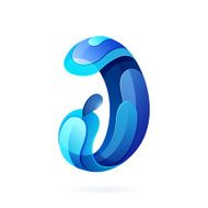 J letter logo with blue water splash and drops