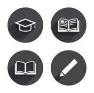 Pencil and open book signs Graduation cap icon N31