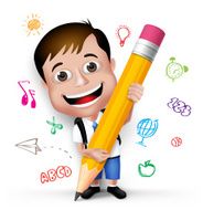 3D Realistic Smart Kid School Boy Writing Creative Ideas N2