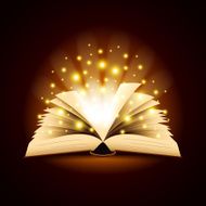 Old opened book with magic light vector background