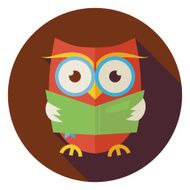 Wisdom Bird Owl Reading Book Circle Icon with Long Shadow
