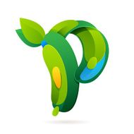 P letter volume ecology logo with leaves and water drops