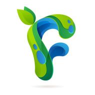 F letter volume ecology logo with leaves and water drops