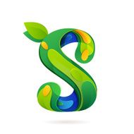 S letter volume ecology logo with leaves and water drops