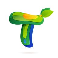 T letter volume ecology logo with leaves and water drops