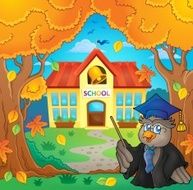 Owl teacher near school building theme 2