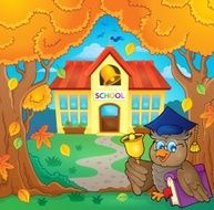 Owl teacher near school building theme 1