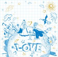 Doodle ink cartoon card with castle princess and knight N2