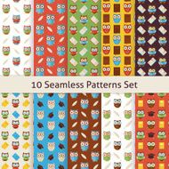 School and Education Owls Flat Seamless Patterns Set