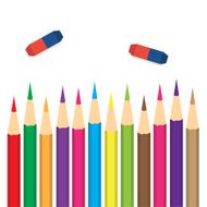 set of colored pencils with erasers on a white background