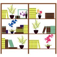 Simple bookshelves with books flowers pots