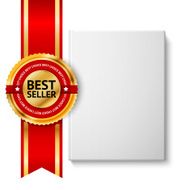 Realistic blank hardcover book front view with golden and red