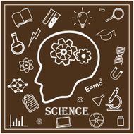 Human head and icons of science Vector illustration in linear