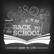 back to school drawing on blackboard with line icons accessories