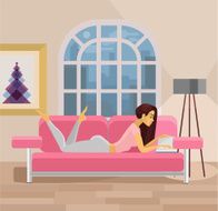 Vector living room with girl Flat illustration