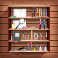 Back to School set with office stationery objects in closet N2