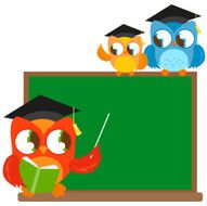 Owl teacher pointing at chalkboard and students classroom N2