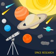 illustration with cartoon space objects and telescope isolated on dark