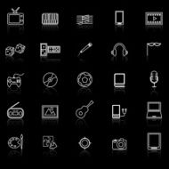 Entertainment line icons with reflect on black