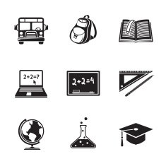 School education monochrome icons set with - globe notebook blackboard