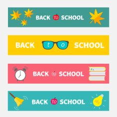 Back to school banner set Bell alarm clock glasses books N2