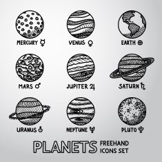 Set of hand drawn planet icons with names and astronomical
