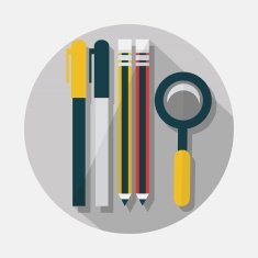 Pens and pencils magnifying glass icons with long shadow