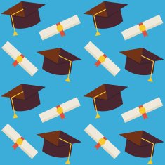 Flat Vector Seamless Pattern Graduate from School Hat and Diplom
