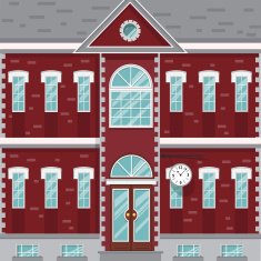 Mansion red and white old building with clock on the