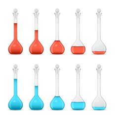 Row of volumetric flasks with volume reduction color solution