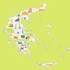 Map of Greece with technology icons
