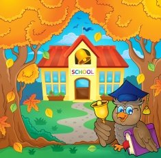 Owl teacher near school building theme 1