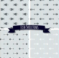 Set of Fish Skeleton Seamless Patterns