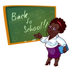 Cartoon African American teacher stands near the school board