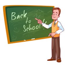 Cartoon teacher stands near the school board N6