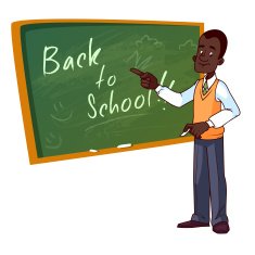 Cartoon teacher stands near the school board N7