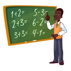 Cartoon teacher stands near the school board N9