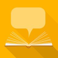 open paper book with speech clouds in flat design style