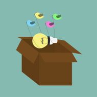 Four birds carrying a bulb light idea from box
